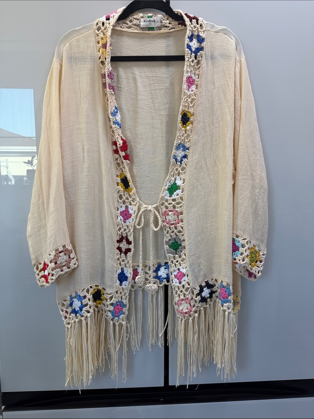 Kindred /Anthropologie Cream Crochet-Trim Fringe Sweater Cardigan